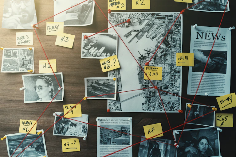 Detective board with photos of suspected criminals, crime scenes and evidence with red threads