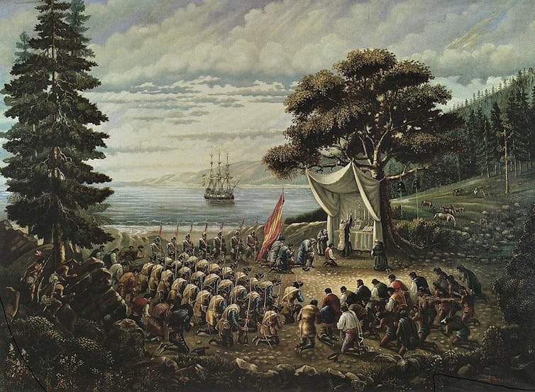 Oil painting of a Catholic mass with Indigenous people praying