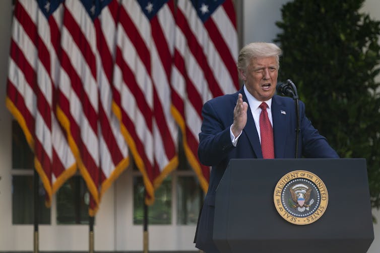 US President Donald Trump addresses media in the White House Rose Garden.