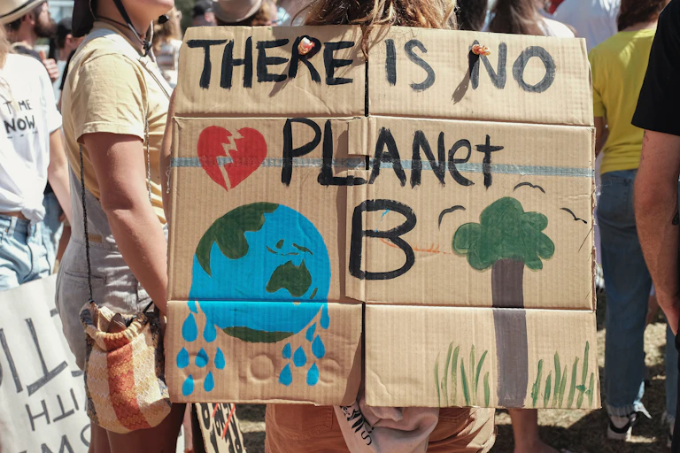 'There is no planet B' is written on a cardboard sign at a protest.