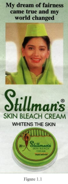 An advertisement for Stillman's Skin Bleach Cream with a small green container of cream.