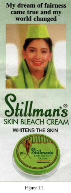 An advertisement for Stillman's Skin Bleach Cream with a small green container of cream. 