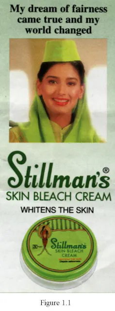 An advertisement for Stillman's Skin Bleach Cream with a small green container of cream.