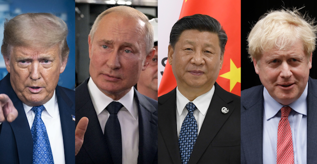 Donald Trump, Vladimir Putin, Xi Jinping and Boris Johnson