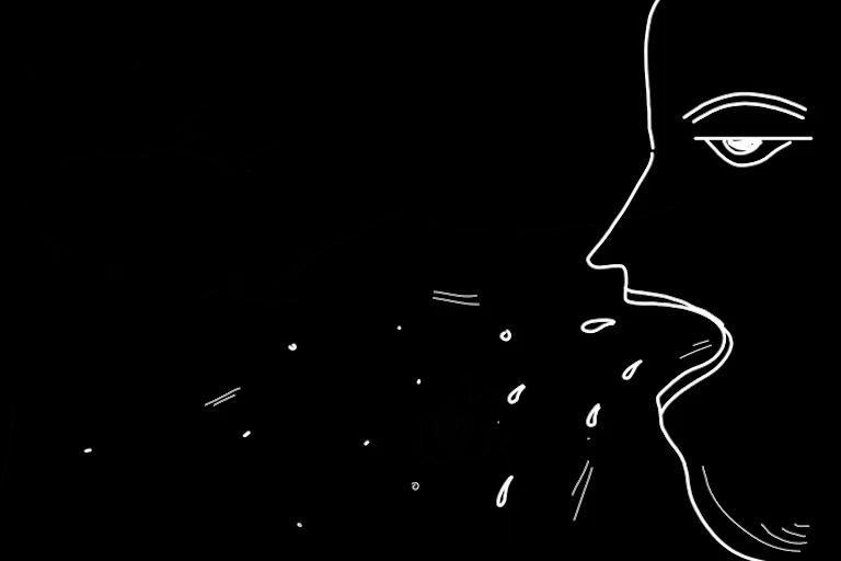 Abstract black and white drawing of someone sneezing