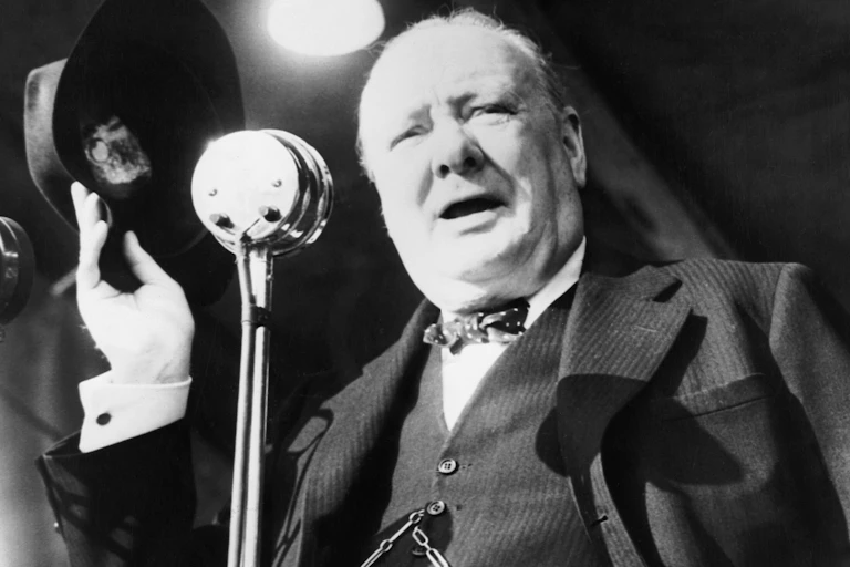 Photo of British Prime Minister Winston Churchill campaigning for election in 1945.