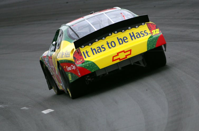 A race car detailed with an advertisement for the Hass avocado.