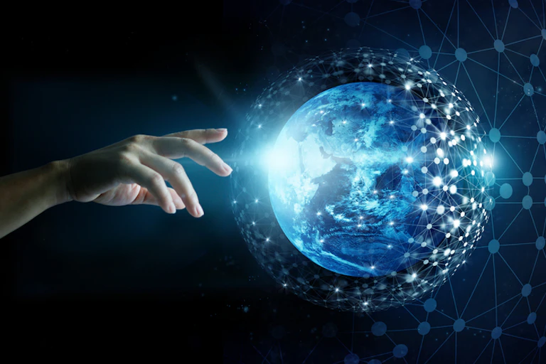 Hand reaching out to touch stylised globe