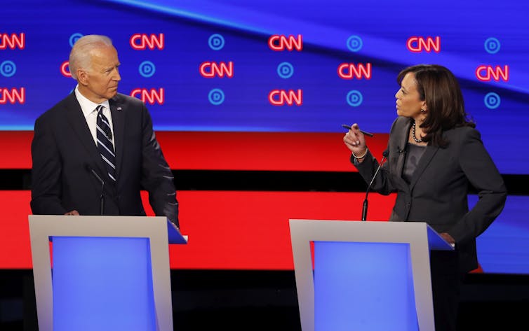 Harris and Biden memorably clashed during the Democratic primary debates, but she has since endorsed his candidacy. Paul Sancya/AP