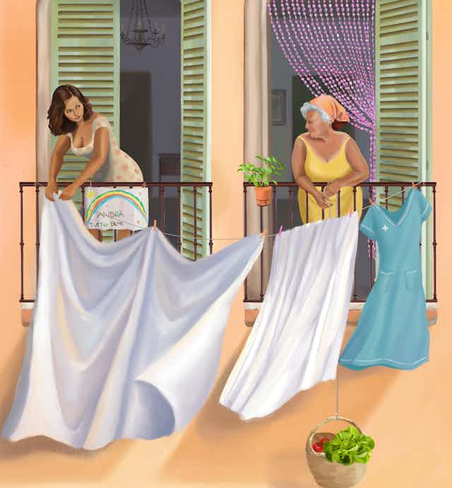 a painting of two women hanging laundry on a shared line outside their upper level apartment. One is a younger brunette, the other has grey hair in a kerchief.