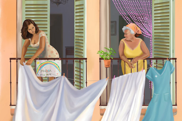 a painting of two women hanging laundry on a shared line outside their upper level apartment. One is a younger brunette, the other has grey hair in a kerchief.