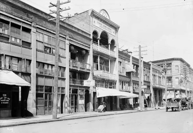 A black and white photo of Vancouver's Chinatown