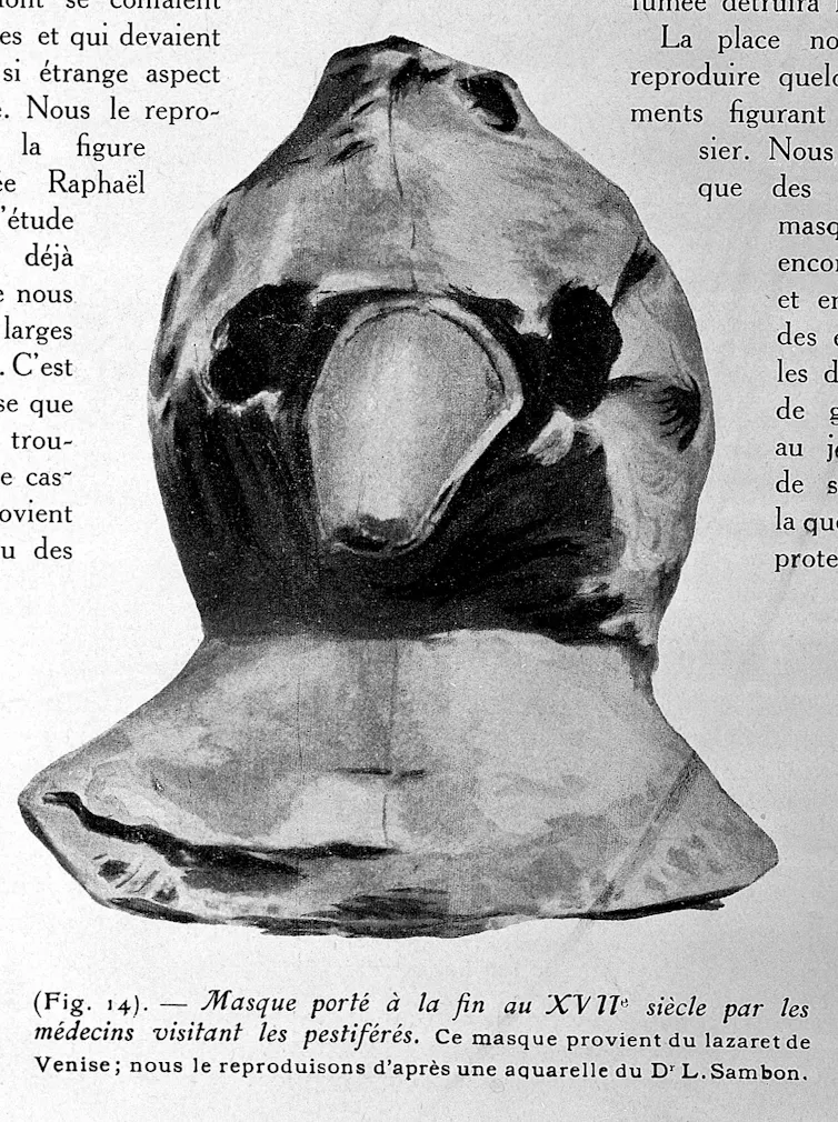 An excerpt from a textbook showing an image of a plague mask — which resembles a bird's head - from the 17th century.