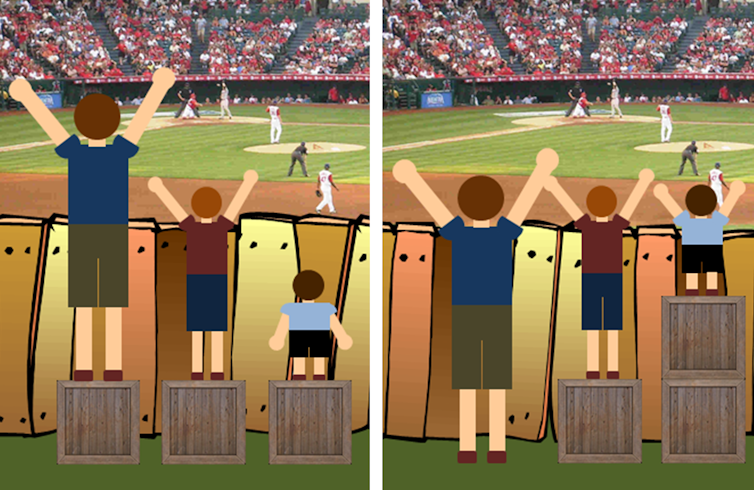 Illustration of equity by showing how standing on crates enables children of different heights to look over the people in front of them and see the action on a sports field.