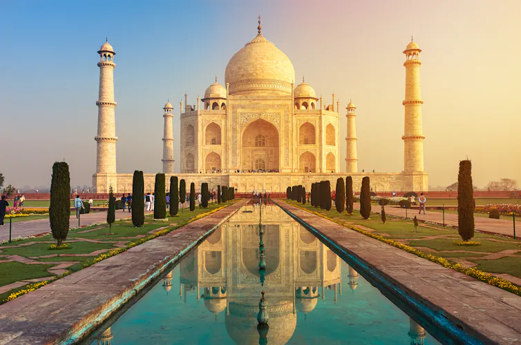 The Taj Mahal in India at dawn.
