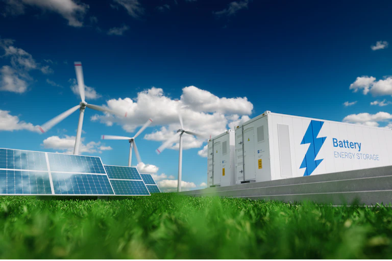 Solar panels, wind turbines and large batteries in field.