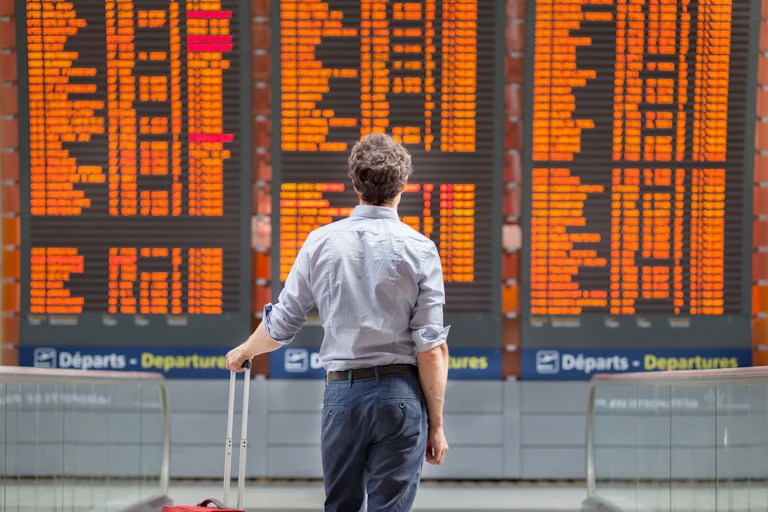 A man stands before an airport departure board.