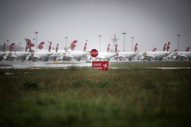 Aeroplanes grounded during pandemic lockdown in Portugal.