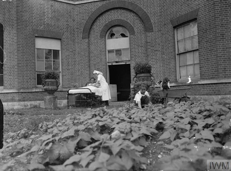 Historical image of maternity hospital grounds.