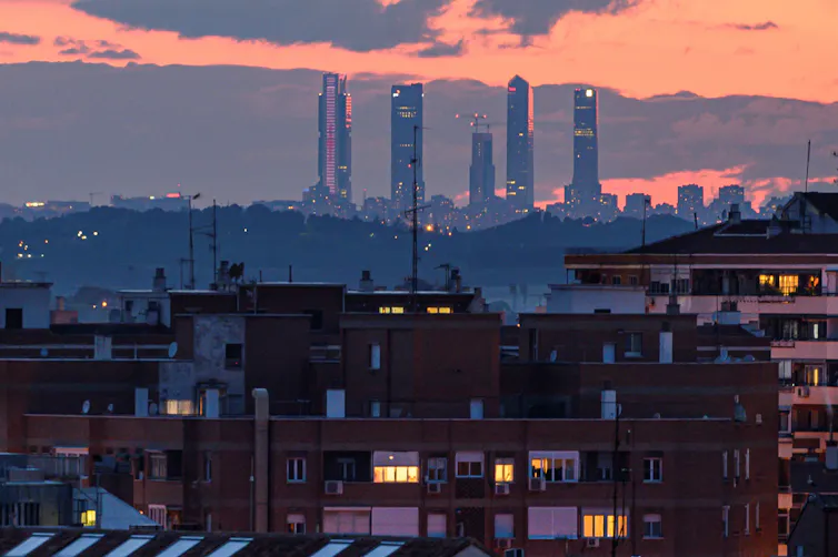 Skyline of Madrid, Spain, in the evening.