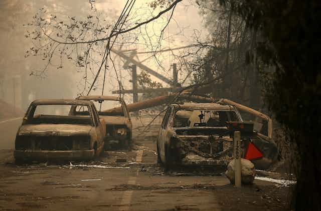 Burned cars and downed trees after the Camp wildfire