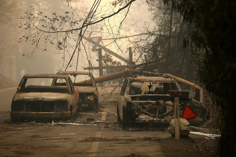 Burned cars and downed trees after the Camp wildfire