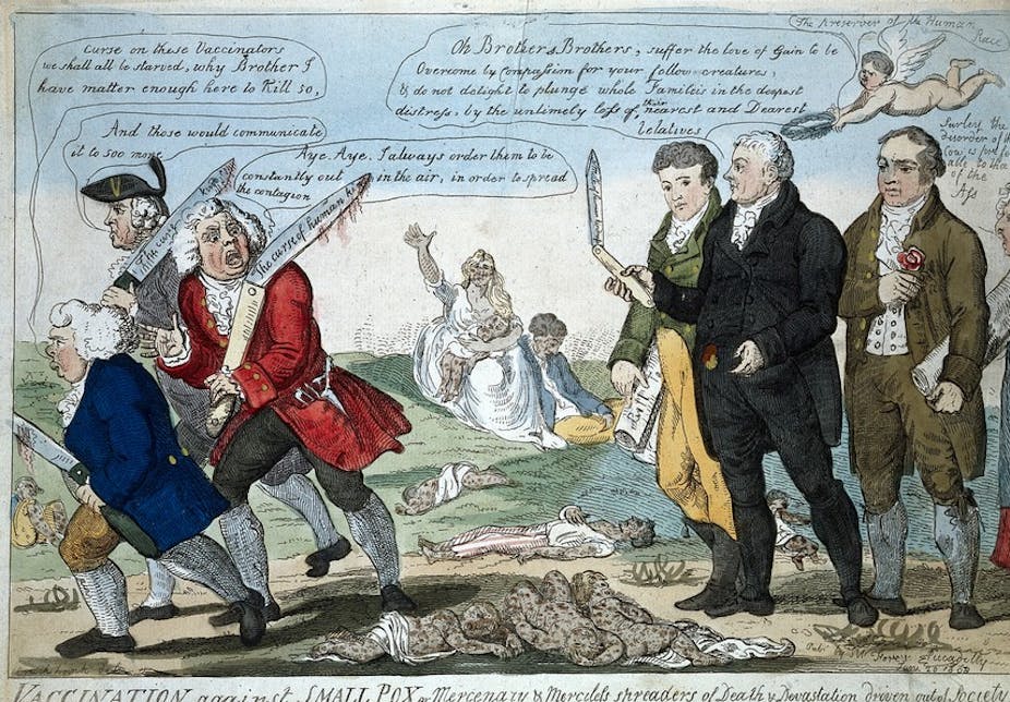 Cartoon of scientists and anti-vaccination protestors arguing.