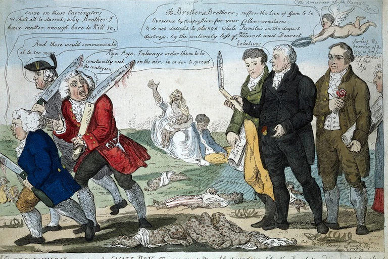 Cartoon of scientists and anti-vaccination protestors arguing.