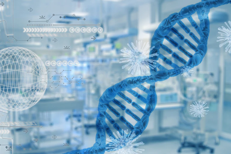 A DNA strand, coronavirus particles and scientific diagrams against the out-of-focus background of a laboratory
