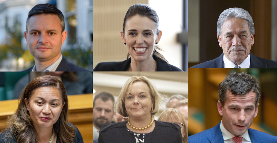Greens co-leaders Marama Davidson and James Shaw, Labour's Jacinda Ardern, NZ First's Wilson Peters, ACT Party's David Seymour and National party's Judith Collins.