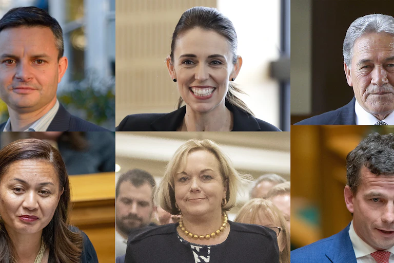 Greens co-leaders Marama Davidson and James Shaw, Labour's Jacinda Ardern, NZ First's Wilson Peters, ACT Party's David Seymour and National party's Judith Collins.