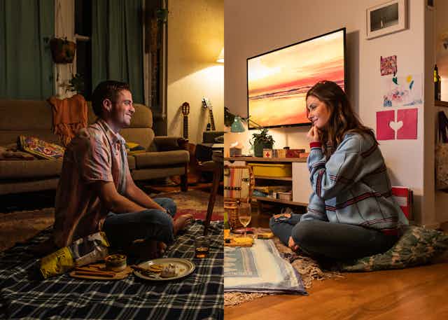 Split screen of two houses: a man and a woman look like they are picnicking together.