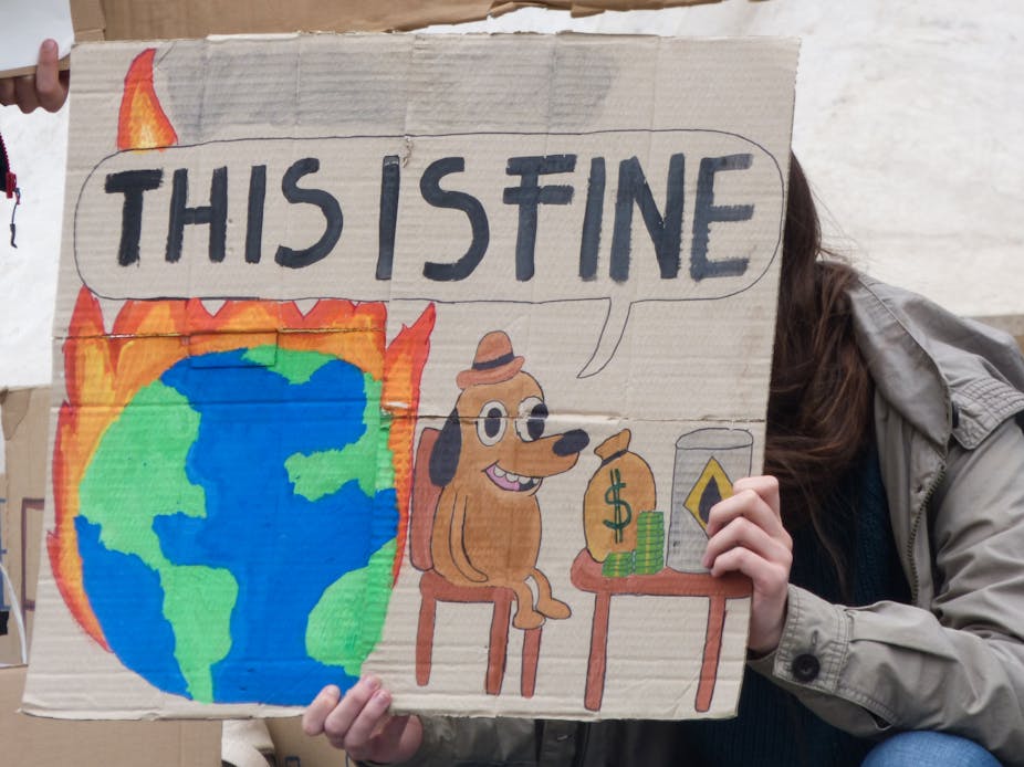 A protester holds a sign depicting a meme in which a cartoon dog is surrounded by fire and says 'this is fine'.