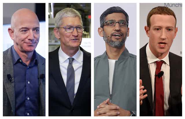 Amazon CEO Jeff Bezos, Apple CEO Tim Cook, Google CEO Sundar Pichai and Facebook CEO Mark Zuckerberg.