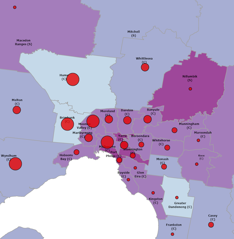 Map of incidence of COVID-19 cases across Melbourne and proportion of people in occupations able to work from home by local government area.