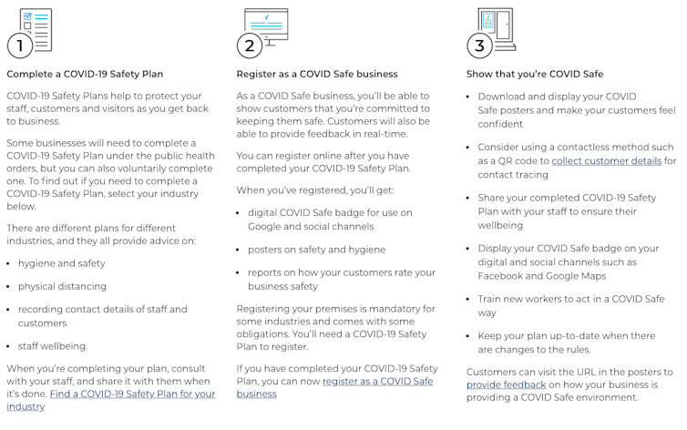 Screenshot of the steps to become a COVID Safe business.