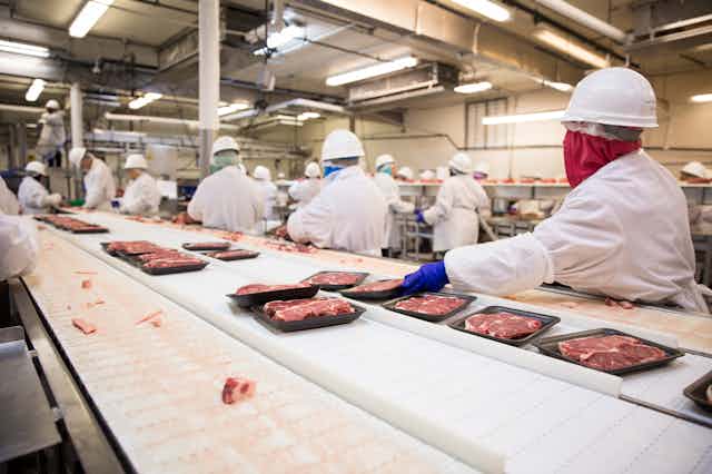 Workers on the production line at a meat processing plant