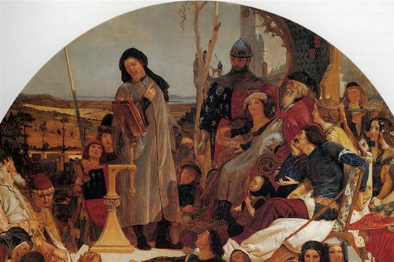 Medieval painting of poet Geoffrey Chaucer surrounded by others.