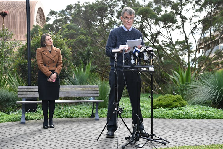 NSW Health's Dr Jeremy McAnulty and NSW Premier Gladys Berejiklian address reporters.