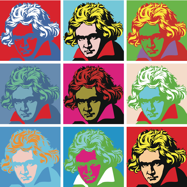 A multi-coloured pop art graphic representation of Beethoven.