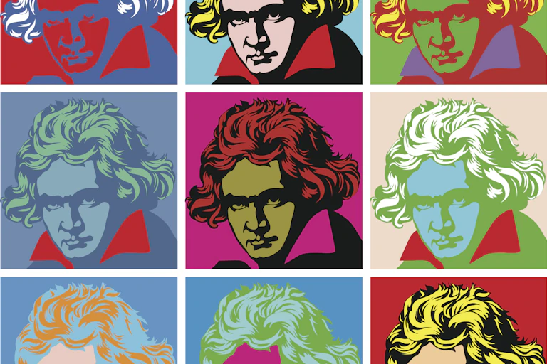 A multi-coloured pop art graphic representation of Beethoven.