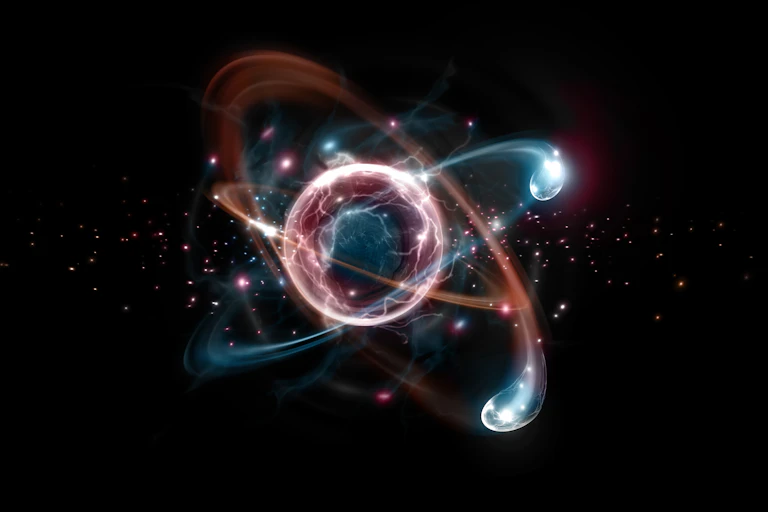An artist rendition of light blue particles orbiting a larger reddish one.