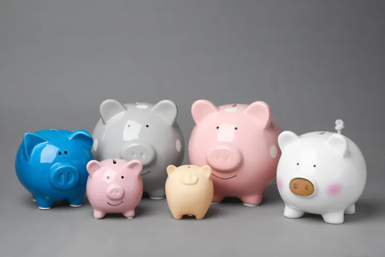 Piggy banks of varying colours and sizes.