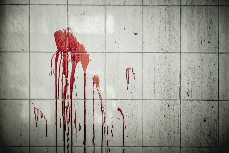 Manchas de sangre en pared de baldosas blancas.
