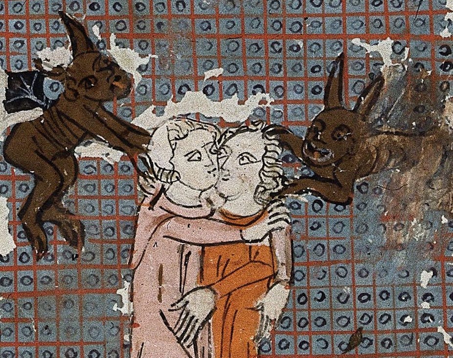 A 14th-century drawing depicts two demons possessing two lovers.