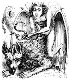 Astaroth rides a winged beast and clutches a snake.