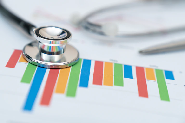 A stethescope lying on a printout of a chart showing data
