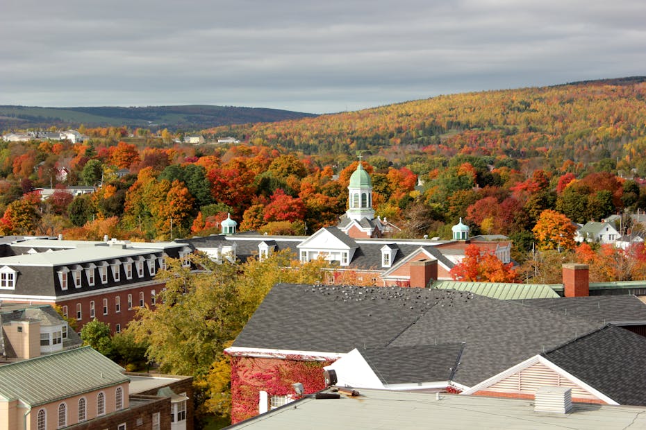 A domed church tower with orange and yellow fall foliage in the background.