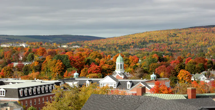 A domed church tower with orange and yellow fall foliage in the background.
