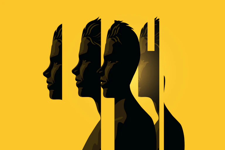 Composición artística de un perfil humano seccionado sobre fondo amarillo.